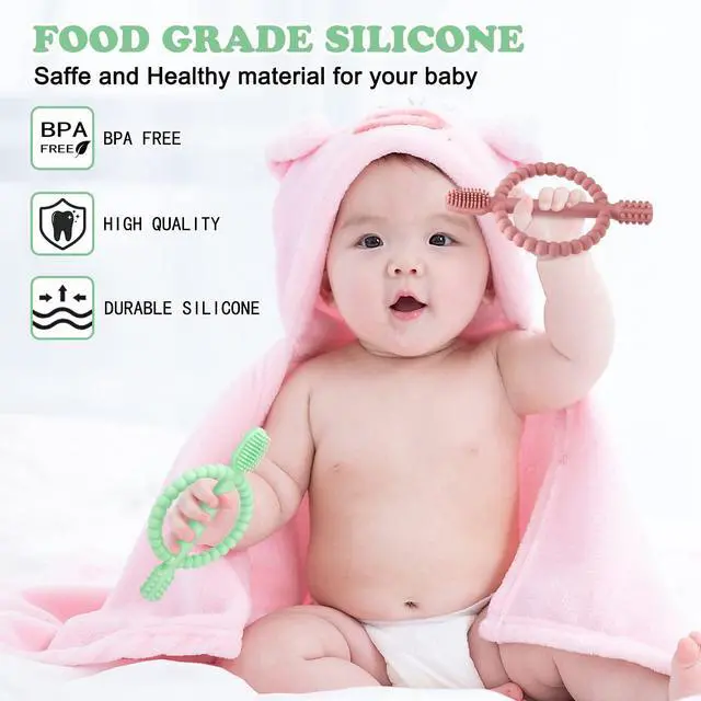 Alt view image 3 of 7 - Baby Teething Toys with Easy-Hold Handle, Silicone Infant Toothbrush, Textured On Both Sides Helps Massage, Soothe Sore Gums, Teething Toys for Babies 0-6 Months, 6-12 Months Bright Green & Caramel