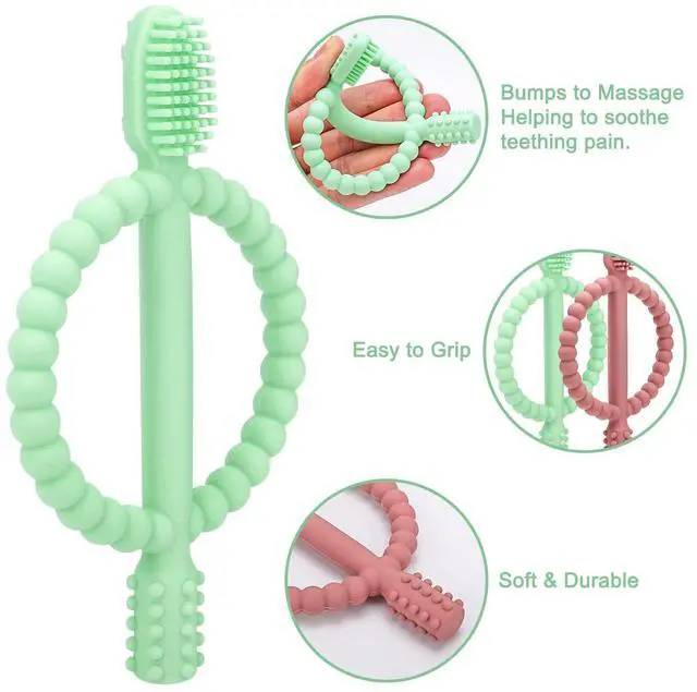 Alt view image 4 of 7 - Baby Teething Toys with Easy-Hold Handle, Silicone Infant Toothbrush, Textured On Both Sides Helps Massage, Soothe Sore Gums, Teething Toys for Babies 0-6 Months, 6-12 Months Bright Green & Caramel