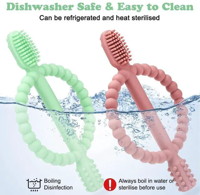 Alt view image 6 of 7 - Baby Teething Toys with Easy-Hold Handle, Silicone Infant Toothbrush, Textured On Both Sides Helps Massage, Soothe Sore Gums, Teething Toys for Babies 0-6 Months, 6-12 Months Bright Green & Caramel