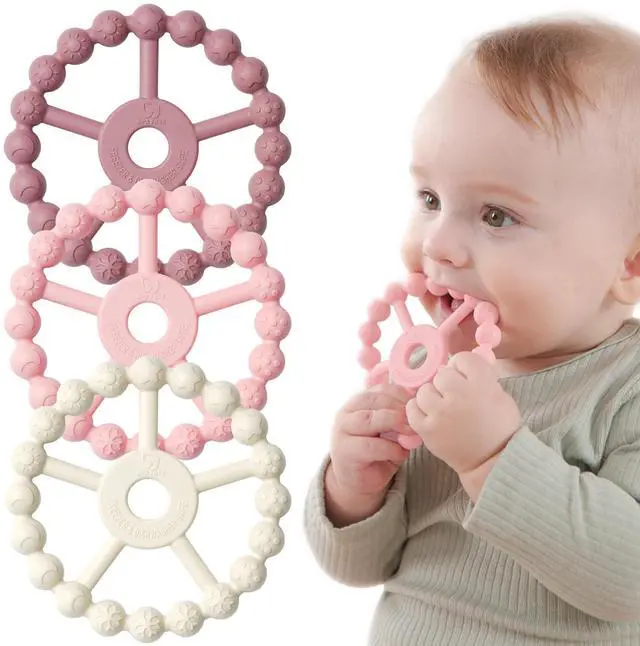 Main image of 3 Pack Ring Teether Baby Infant Toys, Baby Essentials, Silicone Teething Ring Toys for Babies 0-6 Months, Seposeve Toddler Teethers 6-12 Months 12-24 Months, Infant Teething Relief, Purple Pink White
