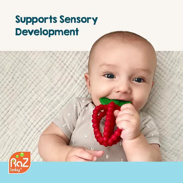 Alt view image 3 of 7 - RaZbaby Bites Silicone Baby Teething Toy Sensory Toy with Textured BerryBumps for Teething Relief, Easy-to-Hold Fruit Shape, BPA-Free, Soothes Front & Back Teeth Gift for Babies, 3 Months+, Pink