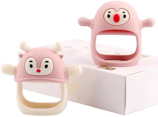 Main image of Smily Mia Baby Teething Toy |Penguin Teether for 0-6Months |Reindeer Baby Chew Toys for 3m+, Soft Silicone Hand Teether |Teething Mitten for Teeth Pain Relief, Newborn Essentials Gift Box, Light Pink