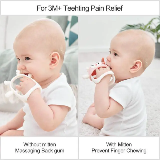 Alt view image 3 of 7 - Smily Mia Baby Teething Toy |Penguin Teether for 0-6Months |Reindeer Baby Chew Toys for 3m+, Soft Silicone Hand Teether |Teething Mitten for Teeth Pain Relief, Newborn Essentials Gift Box, Light Pink