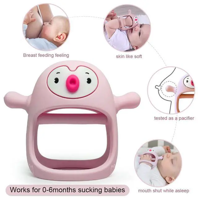 Alt view image 4 of 7 - Smily Mia Baby Teething Toy |Penguin Teether for 0-6Months |Reindeer Baby Chew Toys for 3m+, Soft Silicone Hand Teether |Teething Mitten for Teeth Pain Relief, Newborn Essentials Gift Box, Light Pink