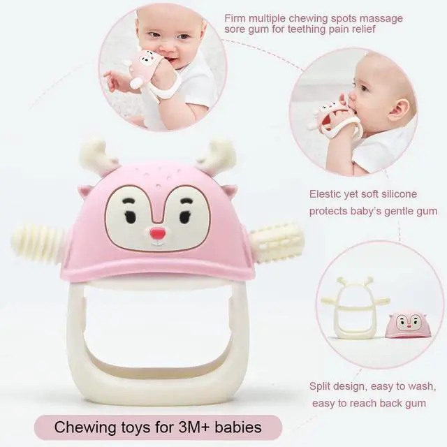Alt view image 7 of 7 - Smily Mia Baby Teething Toy |Penguin Teether for 0-6Months |Reindeer Baby Chew Toys for 3m+, Soft Silicone Hand Teether |Teething Mitten for Teeth Pain Relief, Newborn Essentials Gift Box, Light Pink