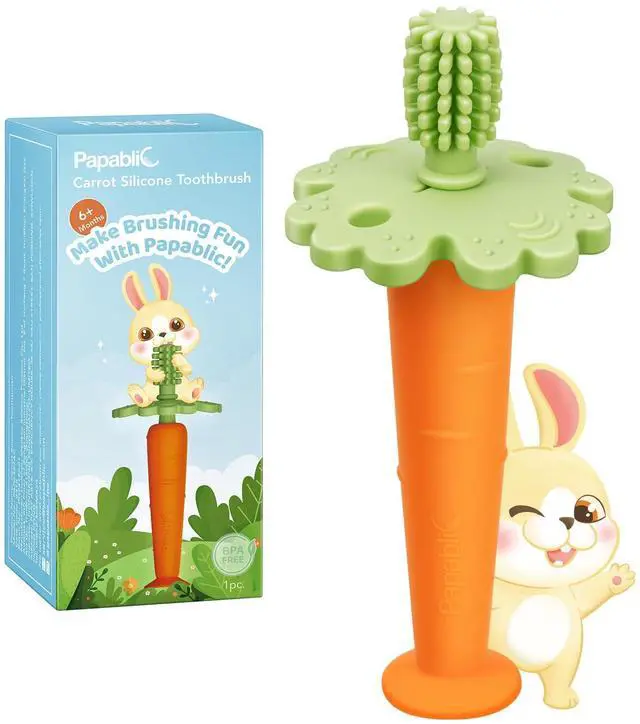 Main image of Papablic Baby Toothbrush Teether, 360° Carrot Toothbrush Teething Toy with Suction Base, Children's Day Gift Travel Essentials for Toddler Infants 6-12 Months