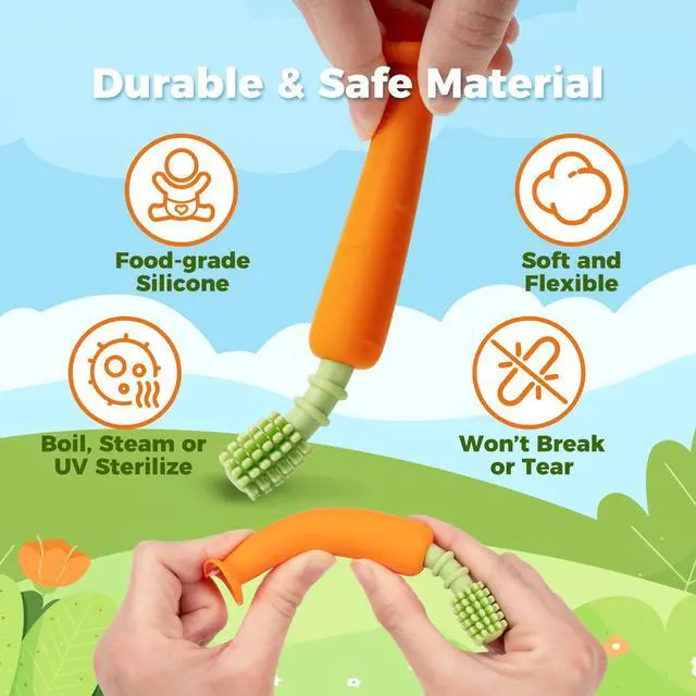 Alt view image 4 of 7 - Papablic Baby Toothbrush Teether, 360° Carrot Toothbrush Teething Toy with Suction Base, Children's Day Gift Travel Essentials for Toddler Infants 6-12 Months