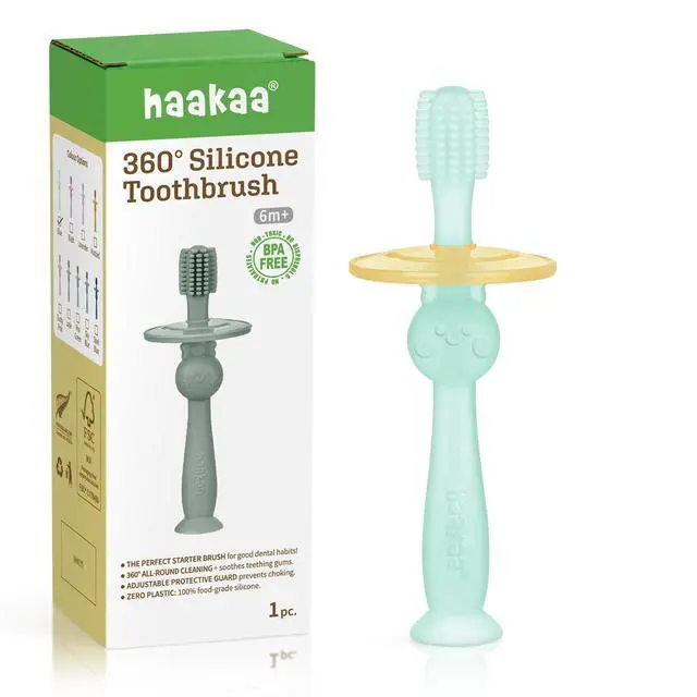 Main image of haakaa 360° Baby Toothbrush with Suction Base - Gentle Cleaning for Toddler's Self-Brushing Training, Food-Grade Silicone, Adjustable Safety Shield - Blue (1 Piece)