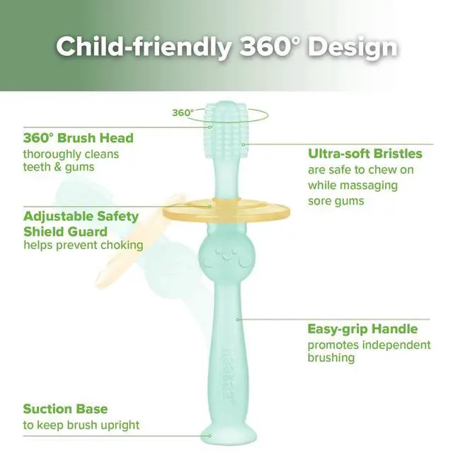 Alt view image 6 of 7 - haakaa 360° Baby Toothbrush with Suction Base - Gentle Cleaning for Toddler's Self-Brushing Training, Food-Grade Silicone, Adjustable Safety Shield - Blue (1 Piece)
