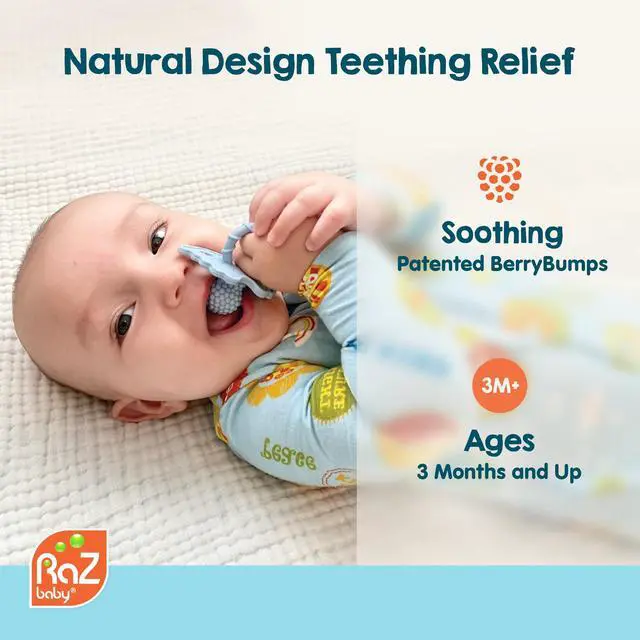 Alt view image 2 of 7 - RaZbaby RaZberry Silicone Baby Teether Toy - Berrybumps Soothe Babies Sore Gums - Infant Teething Toy - Hands Free Design - BPA Free - Easy-to-Hold Design - Teething Relief Pacifier - Fruit Shape/Red