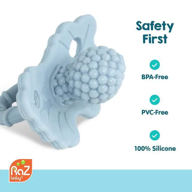 Alt view image 4 of 7 - RaZbaby RaZberry Silicone Baby Teether Toy - Berrybumps Soothe Babies Sore Gums - Infant Teething Toy - Hands Free Design - BPA Free - Easy-to-Hold Design - Teething Relief Pacifier - Fruit Shape/Red