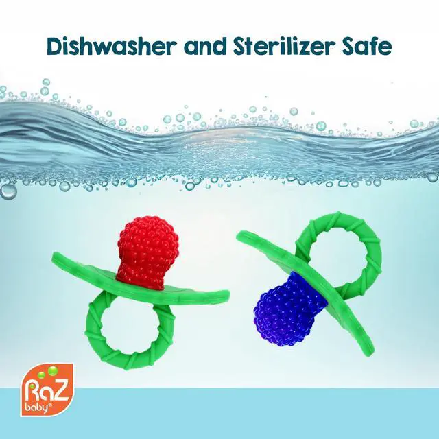 Alt view image 5 of 7 - RaZbaby RaZberry Silicone Baby Teether Toy - Berrybumps Soothe Babies Sore Gums - Infant Teething Toy - Hands Free Design - BPA Free - Easy-to-Hold Design - Teething Relief Pacifier - Fruit Shape/Red