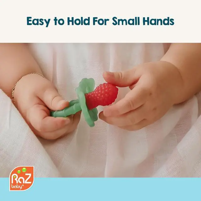 Alt view image 6 of 7 - RaZbaby RaZberry Silicone Baby Teether Toy - Berrybumps Soothe Babies Sore Gums - Infant Teething Toy - Hands Free Design - BPA Free - Easy-to-Hold Design - Teething Relief Pacifier - Fruit Shape/Red