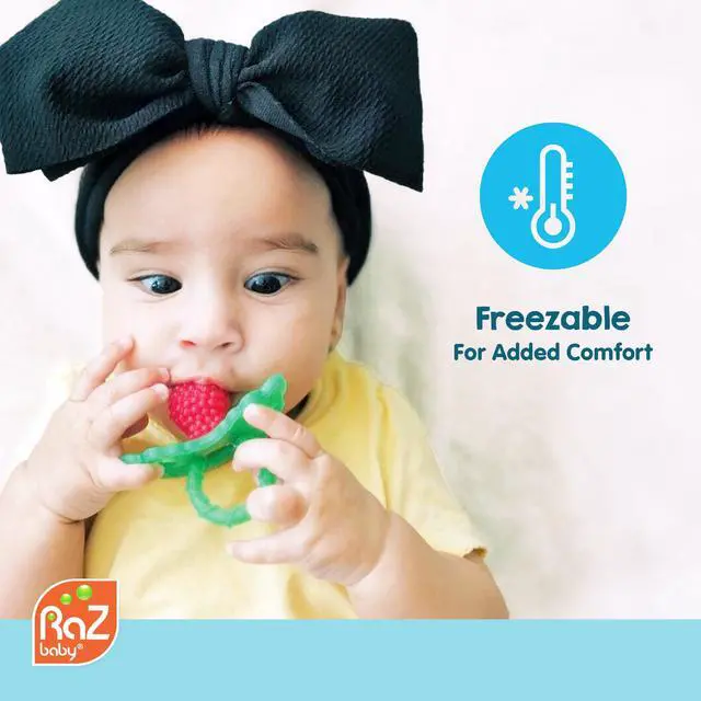 Alt view image 7 of 7 - RaZbaby RaZberry Silicone Baby Teether Toy - Berrybumps Soothe Babies Sore Gums - Infant Teething Toy - Hands Free Design - BPA Free - Easy-to-Hold Design - Teething Relief Pacifier - Fruit Shape/Red