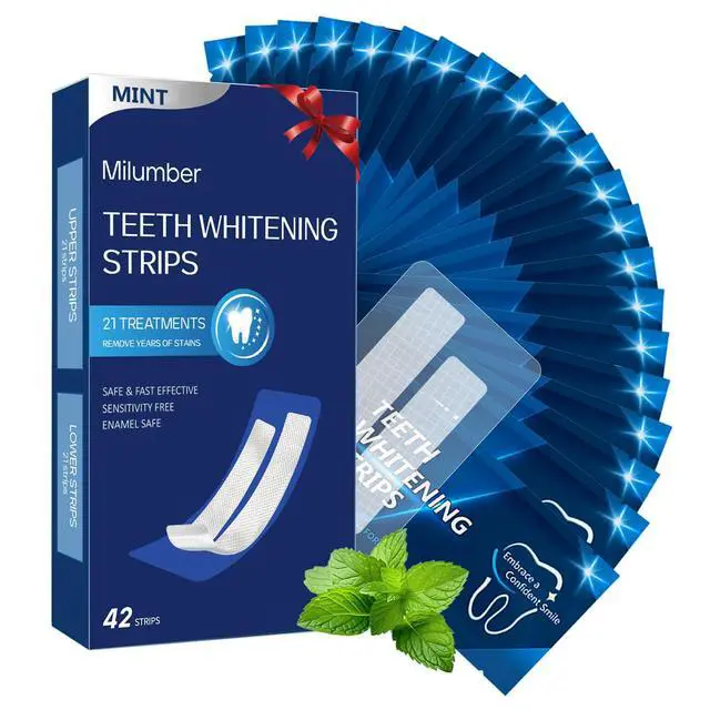 Main image of Milumber Teeth Whitening Strips for Sensitive, 42 Strips Whitener Safe Whitestrip, Deep Stains Removal Tooth Whitening, Enamel Safe Non-Slip Dry Strip Technology for Whiter Teeth, Mint
