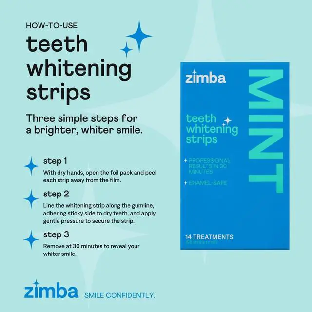 Alt view image 2 of 4 - Zimba Teeth Whitening Strips Vegan Whitening Strip Enamel Safe Teeth Whitening Hydrogen Peroxide Teeth Whitener for Coffee, Wine, Tobacco, and Other Stains, 28 Strips (14 Day Treatment), Mint
