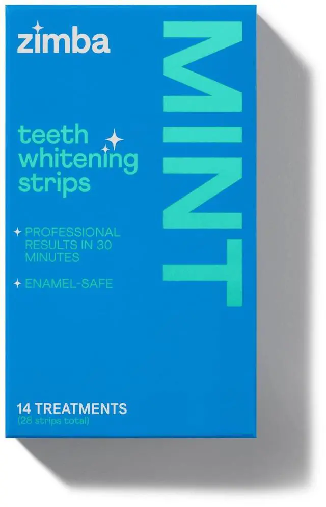 Main image of Zimba Teeth Whitening Strips Vegan Whitening Strip Enamel Safe Teeth Whitening Hydrogen Peroxide Teeth Whitener for Coffee, Wine, Tobacco, and Other Stains, 28 Strips (14 Day Treatment), Mint