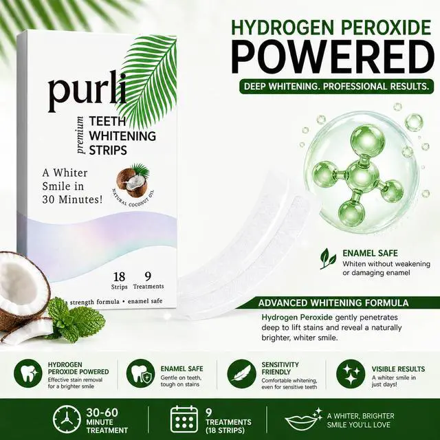 Alt view image 2 of 7 - Purli Professional Teeth Whitening Strips 9-Day Treatment Purli Whitening Strips for Sensitive People, Natural Coconut Oil, Professional Effects, Gum & Enamel Safe, Dry Strip
