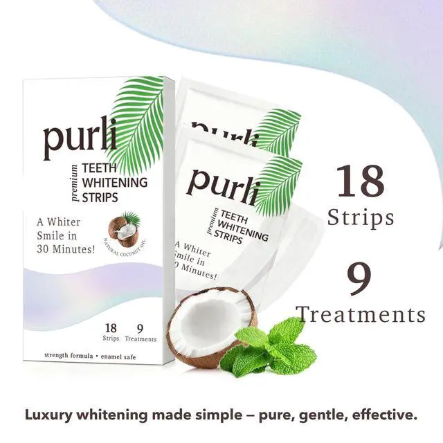 Alt view image 6 of 7 - Purli Professional Teeth Whitening Strips 9-Day Treatment Purli Whitening Strips for Sensitive People, Natural Coconut Oil, Professional Effects, Gum & Enamel Safe, Dry Strip