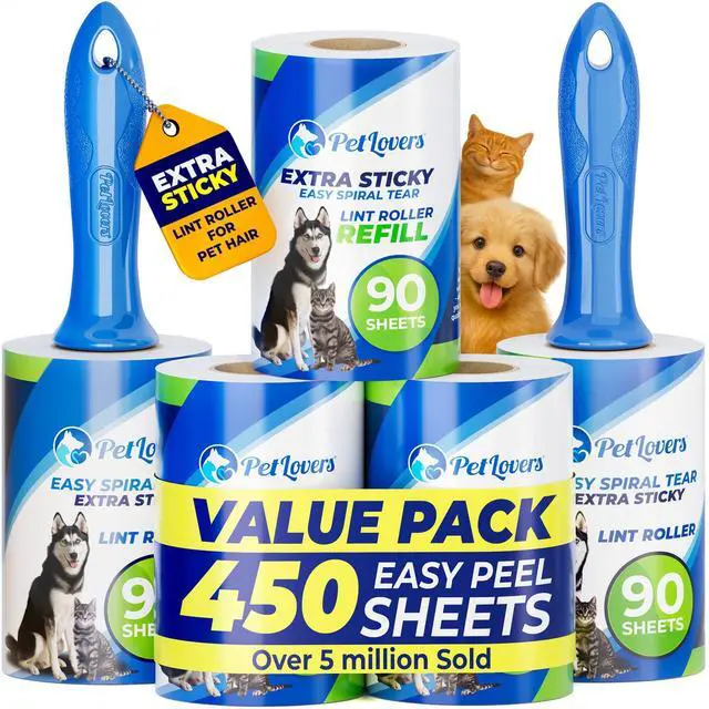 Main image of PetLovers Extra Sticky Lint Roller Mega Value Set 450 Sheets for Pet Hair Removal and Clothes, Dog and Cat Lint Remover 5 Pack