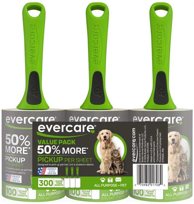 Main image of Evercare Pet Hair Lint Rollers All Purpose Use 100 Easy-Tear Sheets Per Roll Reusable Sticky Roller Pets Cat & Dog Hair Remover Contoured Handle For Furniture Clothing & Cars, Set of 3, Green