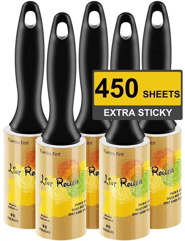 Main image of TIANBO FIRST Extra Sticky Lint Rollers for Pet Hair Small Pet Hair Rollers Dog Cat Fuzz Clean Removal Rolls Easy Tear Sticky Lint Roller Removers for Clothes Couch Furniture, 450 Sheets Total, 5 Packs