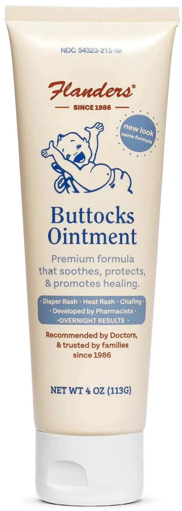 Main image of Flanders Buttocks Ointment Zinc Oxide Diaper Rash Cream, 4oz Tube, Thick Barrier Paste for Baby & Adult Skin, Heat Rash, Chafing & Irritation Relief