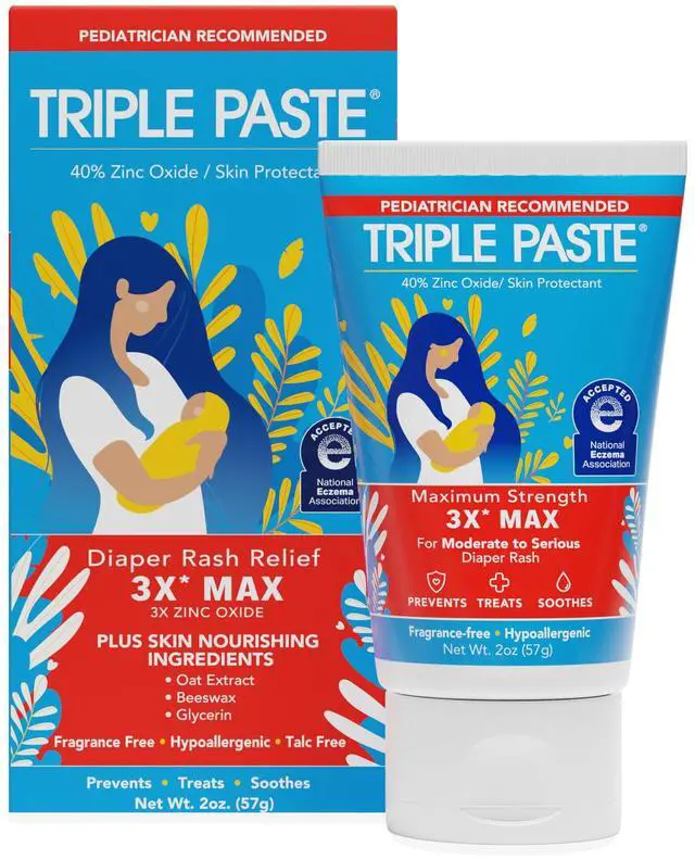 Main image of Triple Paste 3X Max Diaper Rash Ointment for Baby, Maximum Strength with 40% Zinc Oxide Ointment for Serious Diaper Rash, 2 oz Tube