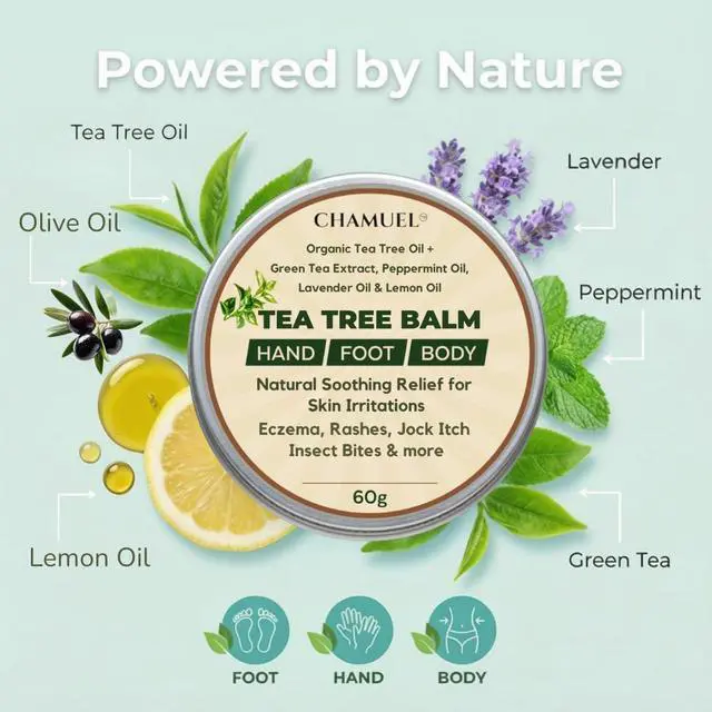 Alt view image 3 of 7 - Tea Tree Oil Balm, Itchy Skin Relief for Soothing Rashes, Jock Itch, Athletes Foot, Folliculitis, Bug Bites. Natural Formula for Dry Sensitive Skin | Safe for All Ages 1pack