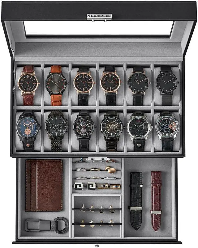 Main image of SONGMICS Watch Box, 12-Slot Watch Case Organizer with Large Glass Lid, 2 Layers, Removable Pillows, Metal Lock, Gift for Loved Ones, Black Synthetic Leather, Gray Lining UJWB012