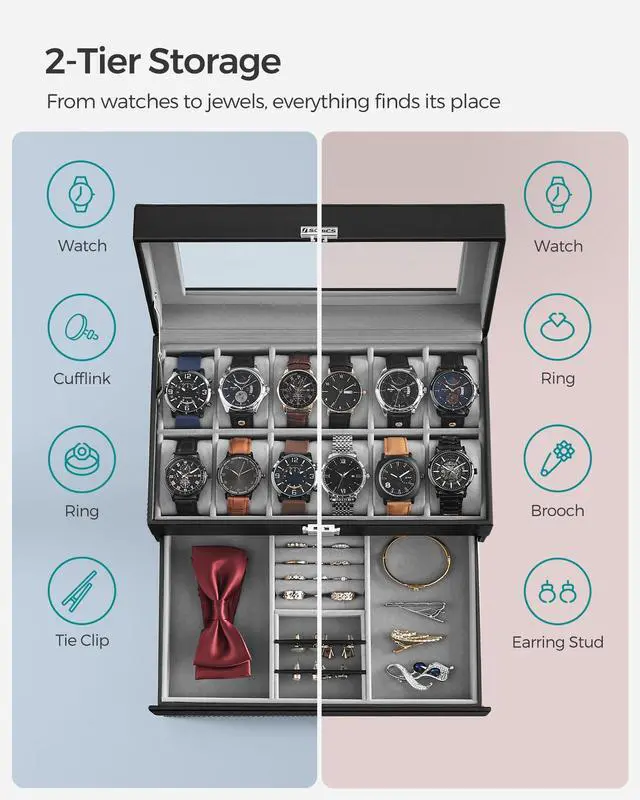 Alt view image 3 of 7 - SONGMICS Watch Box, 12-Slot Watch Case Organizer with Large Glass Lid, 2 Layers, Removable Pillows, Metal Lock, Gift for Loved Ones, Black Synthetic Leather, Gray Lining UJWB012