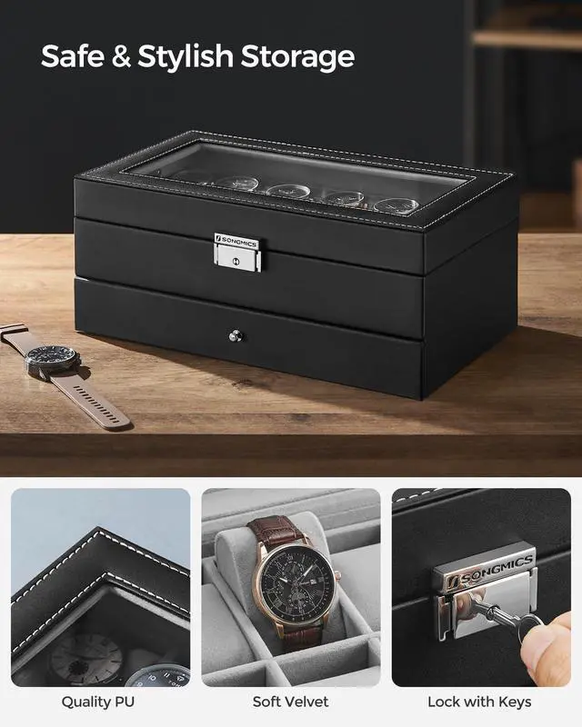 Alt view image 4 of 7 - SONGMICS Watch Box, 12-Slot Watch Case Organizer with Large Glass Lid, 2 Layers, Removable Pillows, Metal Lock, Gift for Loved Ones, Black Synthetic Leather, Gray Lining UJWB012
