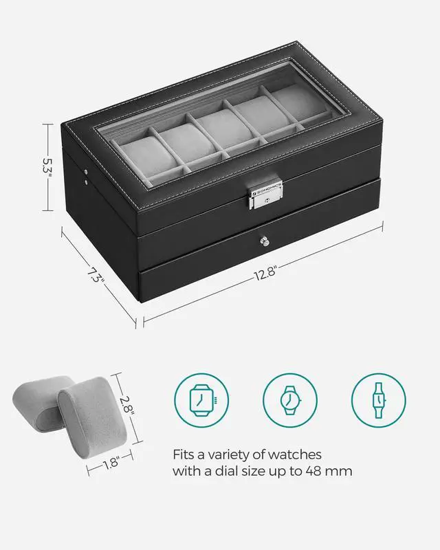 Alt view image 6 of 7 - SONGMICS Watch Box, 12-Slot Watch Case Organizer with Large Glass Lid, 2 Layers, Removable Pillows, Metal Lock, Gift for Loved Ones, Black Synthetic Leather, Gray Lining UJWB012