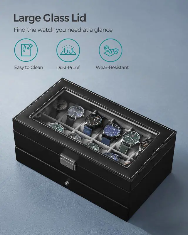 Alt view image 5 of 7 - SONGMICS Watch Box, 12-Slot Watch Case Organizer with Large Glass Lid, 2 Layers, Removable Pillows, Metal Lock, Gift for Loved Ones, Black Synthetic Leather, Gray Lining UJWB012
