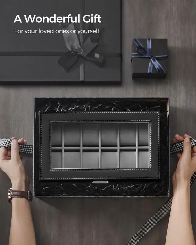Alt view image 7 of 7 - SONGMICS Watch Box, 12-Slot Watch Case Organizer with Large Glass Lid, 2 Layers, Removable Pillows, Metal Lock, Gift for Loved Ones, Black Synthetic Leather, Gray Lining UJWB012