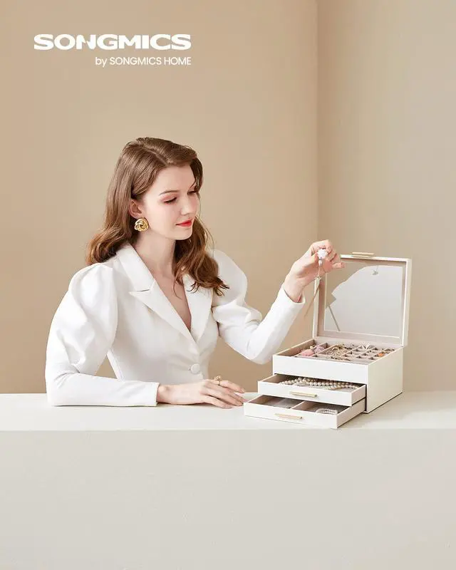 Alt view image 2 of 7 - SONGMICS GISELLA Collection - Jewelry Box Organizer with Glass Lid, 3-Layer Jewelry Storage, with 2 Drawers, Modern Style, 8 x 9.1 x 5.3 Inches, Cloud White and Gold Color UJBC239WT