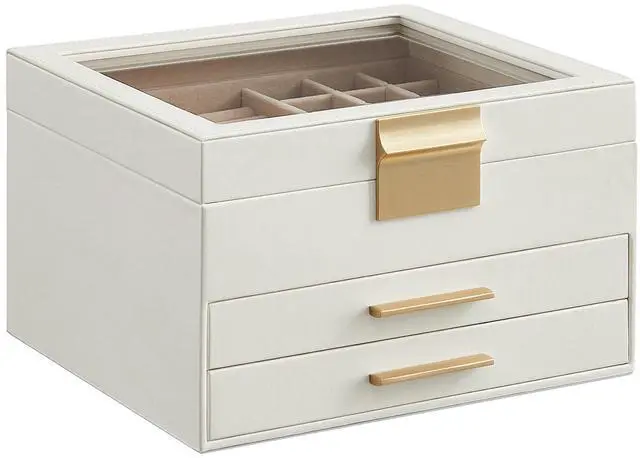 Main image of SONGMICS GISELLA Collection - Jewelry Box Organizer with Glass Lid, 3-Layer Jewelry Storage, with 2 Drawers, Modern Style, 8 x 9.1 x 5.3 Inches, Cloud White and Gold Color UJBC239WT
