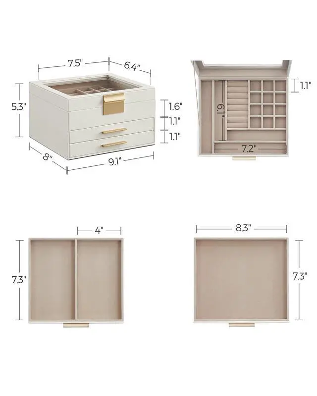 Alt view image 3 of 7 - SONGMICS GISELLA Collection - Jewelry Box Organizer with Glass Lid, 3-Layer Jewelry Storage, with 2 Drawers, Modern Style, 8 x 9.1 x 5.3 Inches, Cloud White and Gold Color UJBC239WT