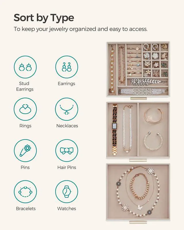 Alt view image 4 of 7 - SONGMICS GISELLA Collection - Jewelry Box Organizer with Glass Lid, 3-Layer Jewelry Storage, with 2 Drawers, Modern Style, 8 x 9.1 x 5.3 Inches, Cloud White and Gold Color UJBC239WT