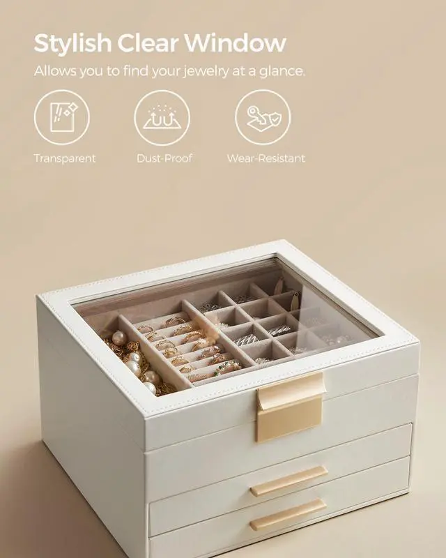 Alt view image 5 of 7 - SONGMICS GISELLA Collection - Jewelry Box Organizer with Glass Lid, 3-Layer Jewelry Storage, with 2 Drawers, Modern Style, 8 x 9.1 x 5.3 Inches, Cloud White and Gold Color UJBC239WT