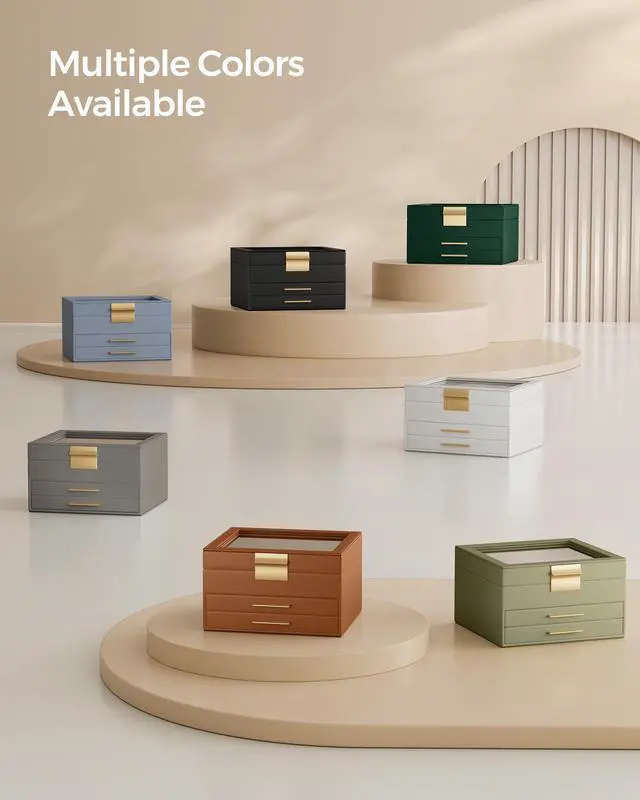 Alt view image 7 of 7 - SONGMICS GISELLA Collection - Jewelry Box Organizer with Glass Lid, 3-Layer Jewelry Storage, with 2 Drawers, Modern Style, 8 x 9.1 x 5.3 Inches, Cloud White and Gold Color UJBC239WT