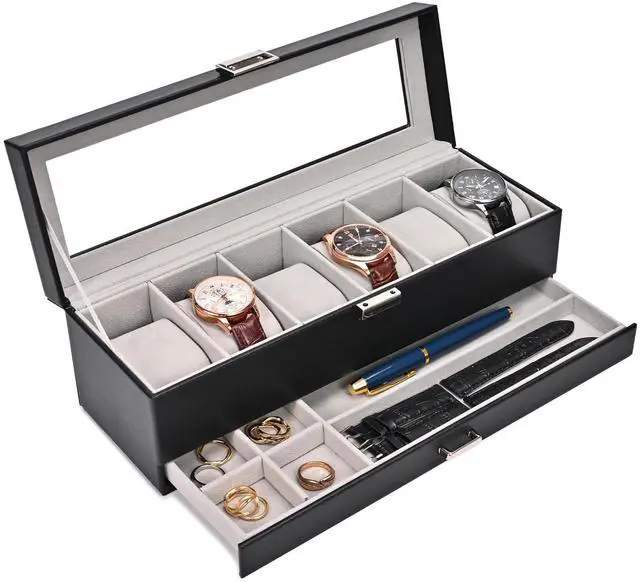 Main image of ProCase Watch Box, 6 Slot Watches Display Case with Drawer, Mens Watch Case with Glass Lid, 2-Layer Mens Jewelry Organizer Storage Holder, Birthday Valentine Gifts for Men -6 Slot, Black