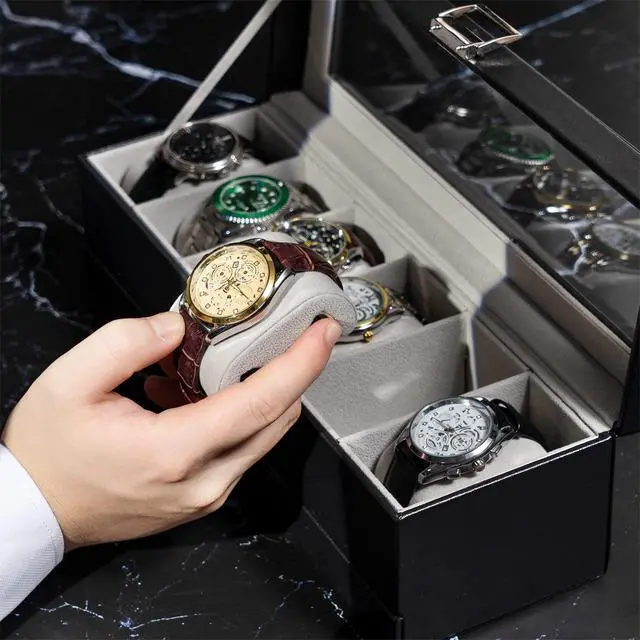 Alt view image 4 of 7 - ProCase Watch Box, 6 Slot Watches Display Case with Drawer, Mens Watch Case with Glass Lid, 2-Layer Mens Jewelry Organizer Storage Holder, Birthday Valentine Gifts for Men -6 Slot, Black