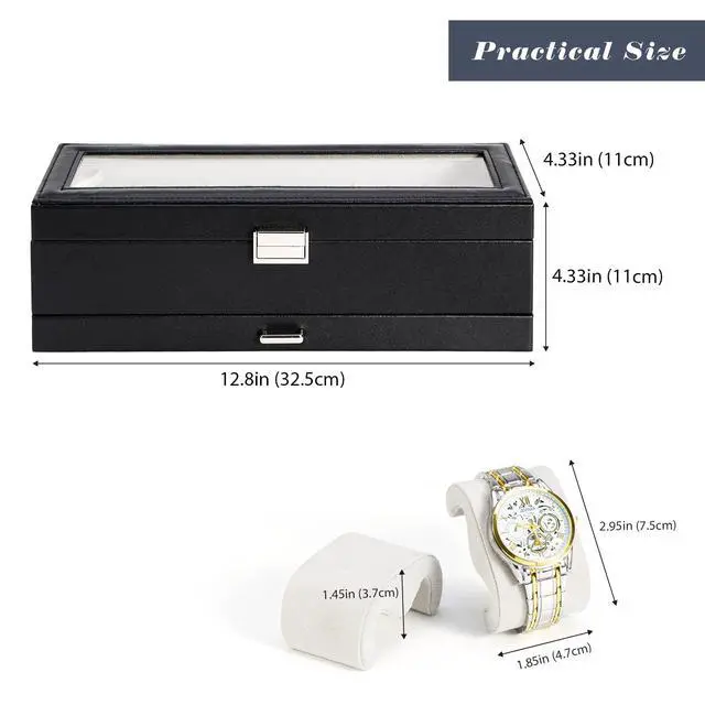 Alt view image 6 of 7 - ProCase Watch Box, 6 Slot Watches Display Case with Drawer, Mens Watch Case with Glass Lid, 2-Layer Mens Jewelry Organizer Storage Holder, Birthday Valentine Gifts for Men -6 Slot, Black