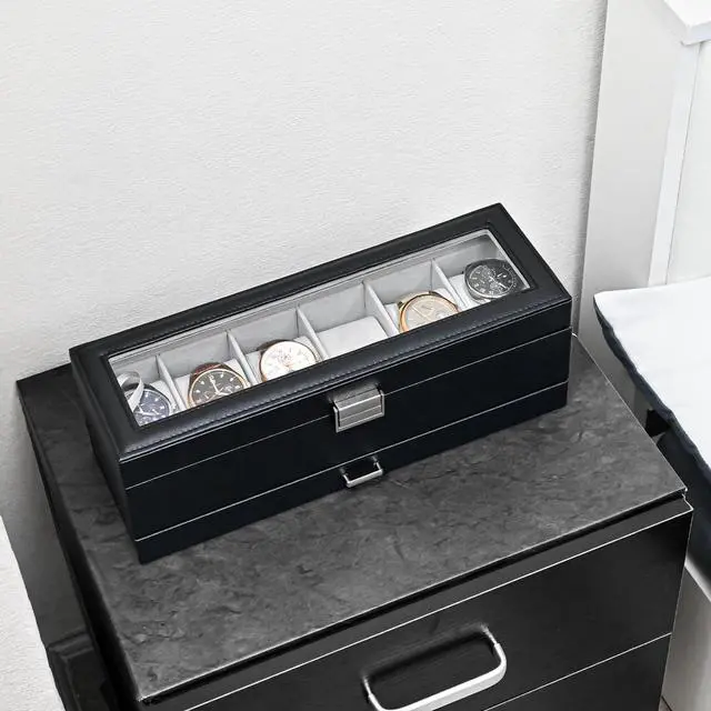 Alt view image 7 of 7 - ProCase Watch Box, 6 Slot Watches Display Case with Drawer, Mens Watch Case with Glass Lid, 2-Layer Mens Jewelry Organizer Storage Holder, Birthday Valentine Gifts for Men -6 Slot, Black