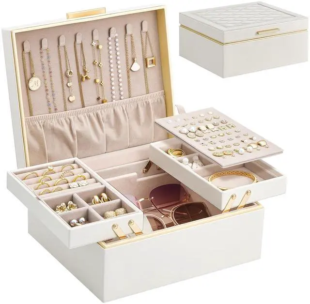 Main image of Lolalet Jewelry Box Organizer for Women Girls, 2 Layer Jewelry Organizers and Storage for Necklace Earrings Rings Bracelets, Large Jewellery Holder Case Birthday Gifts -Cream