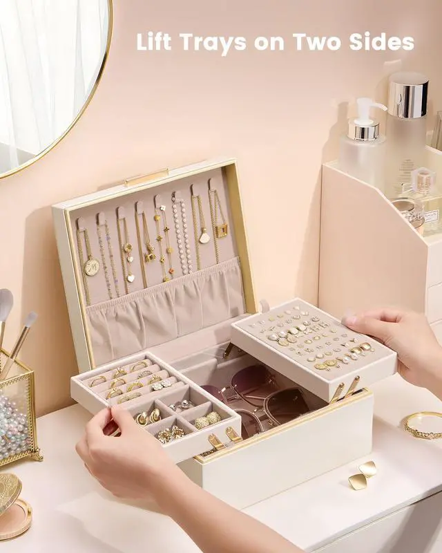 Alt view image 2 of 7 - Lolalet Jewelry Box Organizer for Women Girls, 2 Layer Jewelry Organizers and Storage for Necklace Earrings Rings Bracelets, Large Jewellery Holder Case Birthday Gifts -Cream