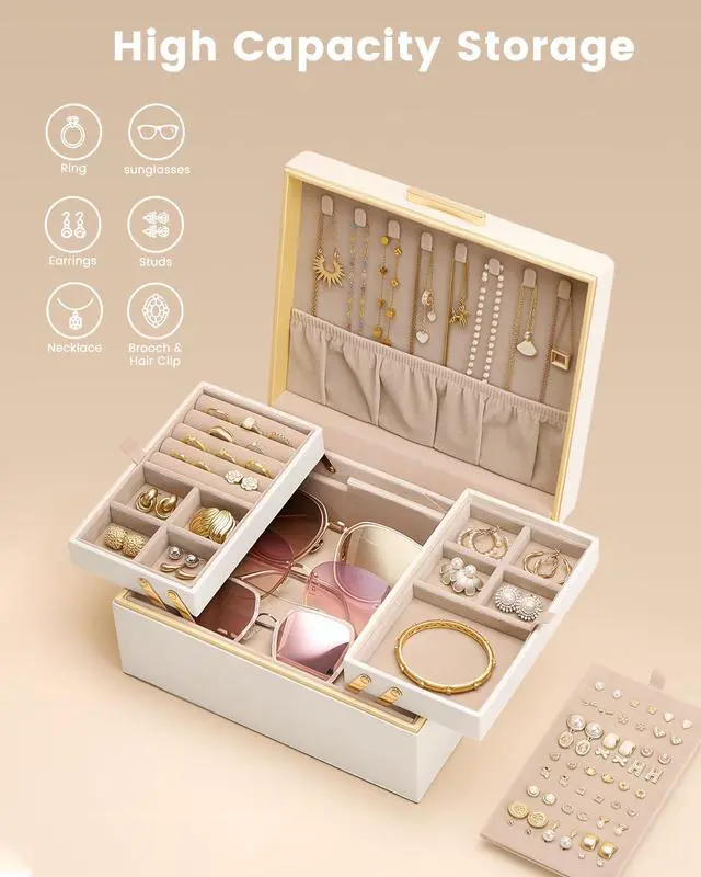 Alt view image 3 of 7 - Lolalet Jewelry Box Organizer for Women Girls, 2 Layer Jewelry Organizers and Storage for Necklace Earrings Rings Bracelets, Large Jewellery Holder Case Birthday Gifts -Cream