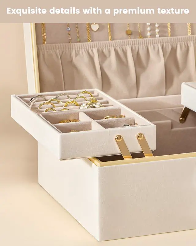 Alt view image 6 of 7 - Lolalet Jewelry Box Organizer for Women Girls, 2 Layer Jewelry Organizers and Storage for Necklace Earrings Rings Bracelets, Large Jewellery Holder Case Birthday Gifts -Cream