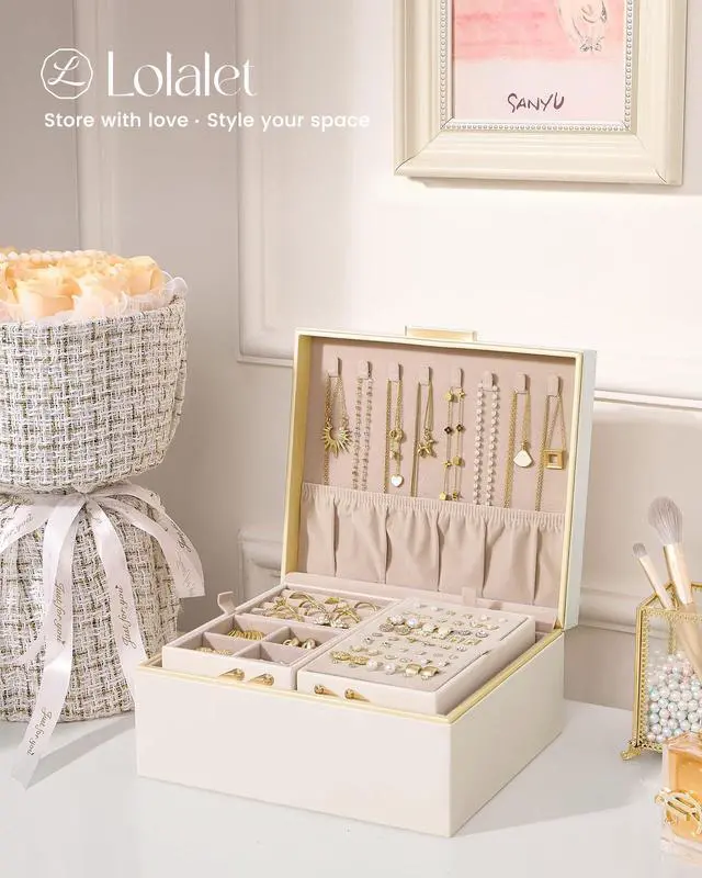 Alt view image 7 of 7 - Lolalet Jewelry Box Organizer for Women Girls, 2 Layer Jewelry Organizers and Storage for Necklace Earrings Rings Bracelets, Large Jewellery Holder Case Birthday Gifts -Cream